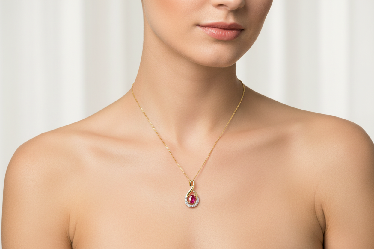 Ruby and Diamond Pendant 9ct Yellow Gold Infinity Twist Necklace 16 - 18" Chain