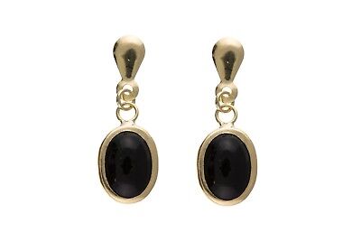 9ct Yellow Gold Black Onyx Drop Earrings Oval Drops Hallmarked British Made