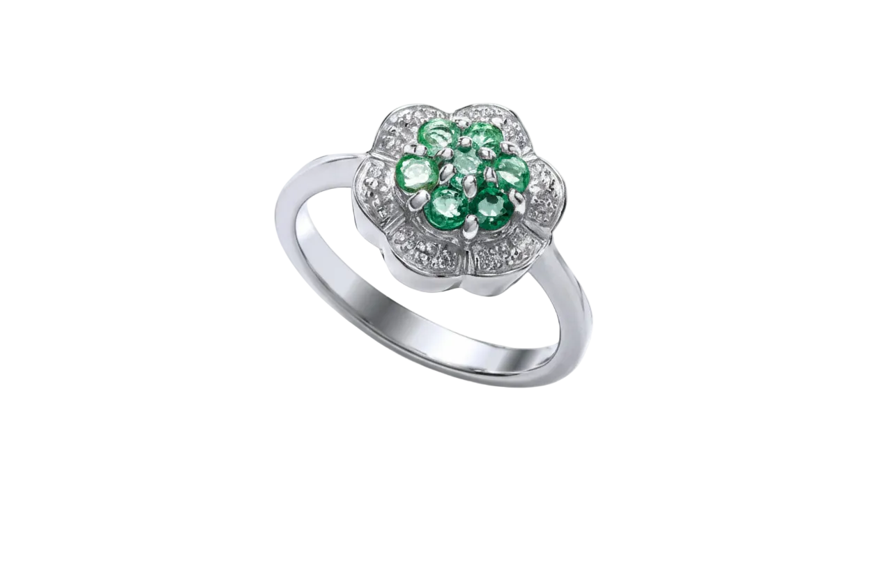 Emerald and Diamond Ring Engagement Ring Sterling Silver Platinum Plated Ring