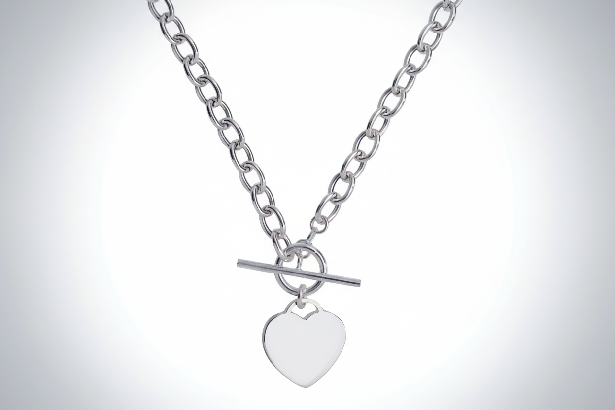 Silver T Bar Heart Necklace Solid Sterling Silver Ladies 17 " 19.6 grams