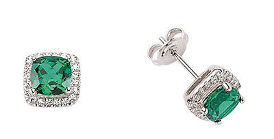 Emerald Earrings Solid Silver Stud Platinum Plated Sterling Silver Cushion Studs