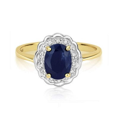 9ct Yellow Gold Sapphire and Diamond Ring Oval Cluster Size JKLMNOPQ