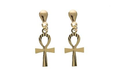 9ct Diamond Cut Cross Drop Earrings Yellow Gold Drops Hallmarked Religious 