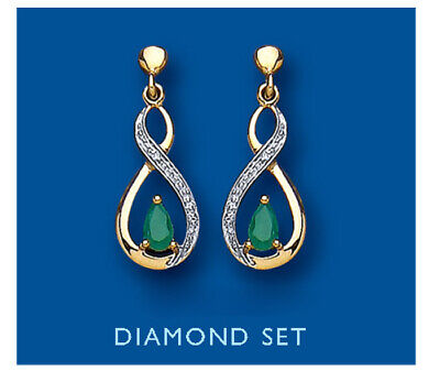 Emerald and Diamond Earrings Yellow Gold Drop Natural Stones Hallmarked