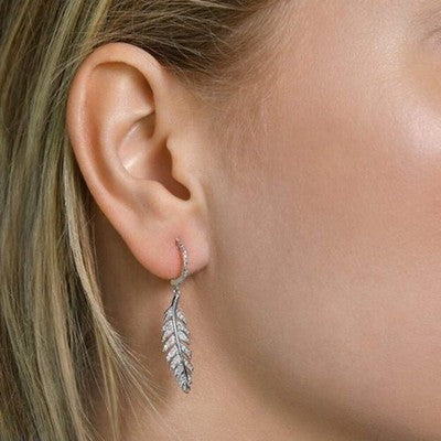 White Gold Natural Diamond Feather Drop Dangle Earrings Ladies Gift