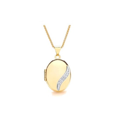 Real Diamond Oval Locket 9ct Yellow Gold 18" Chain Photo Keepsake Hallmarked