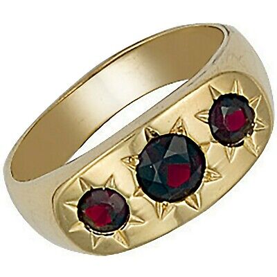 Gents Three Stone Garnet Ring 9ct Yellow Gold Gypsy Style Setting Hallmarked