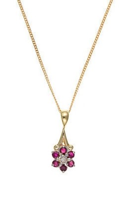 Ruby and Diamond Pendant Yellow Gold Cluster Necklace Hallmarked Natural Stones