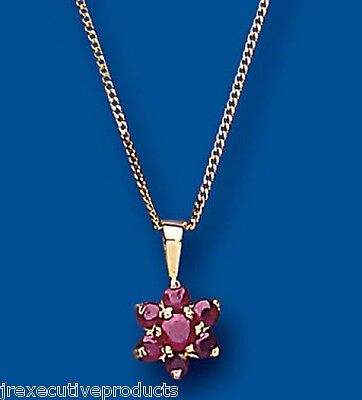 Yellow Gold Ruby Pendant Cluster Necklace Hallmarked 18" Chain British Made