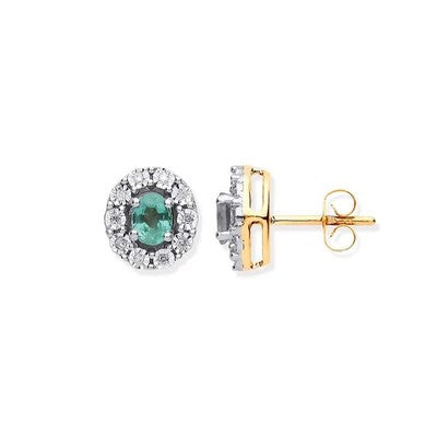 Emerald and Diamond Earrings 9ct Yellow Gold Oval Cluster Studs Natural Stones