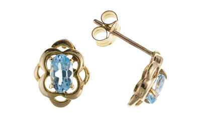 9ct Gold Blue Topaz Earrings Celtic Solitaire Yellow Gold November Birthstone 