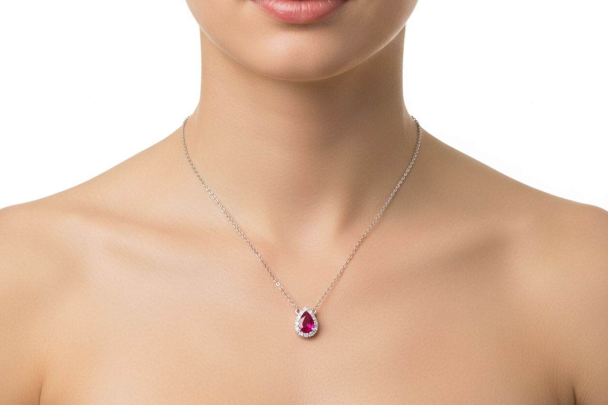 Ruby Pear Silver Necklace Sparkling Gemset Pendant 925 Hallmark