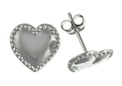 White Gold Heart Stud Earrings Beaded Edge 9 Carat Studs British Made