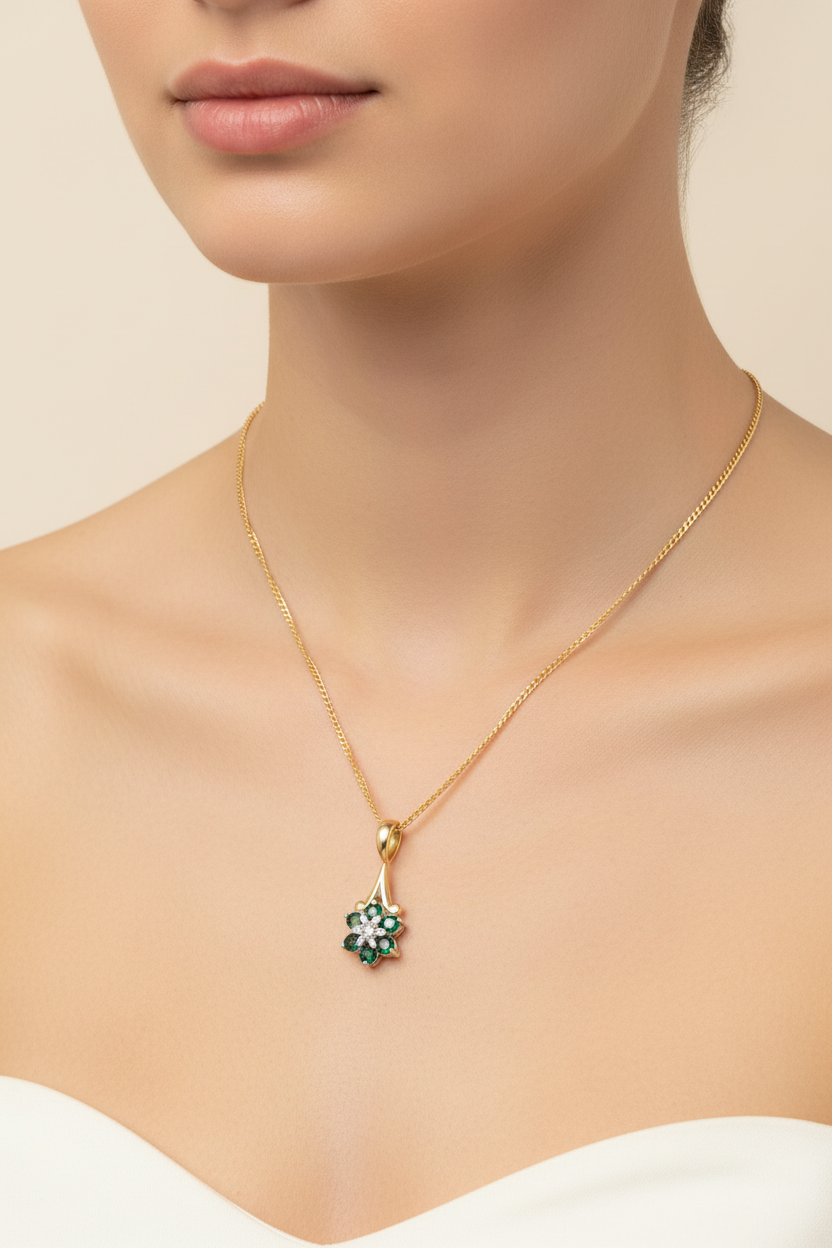 Emerald and Diamond Pendant 9ct Yellow Gold Cluster Necklace 16-18" Real Stone