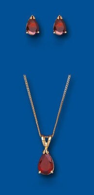 Elegant Garnet Teardrop Pendant & Stud Earrings Set in Solid Yellow Gold 18"