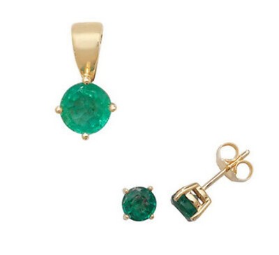 Classic Emerald Solitaire Pendant on Chain Matching Stud Earrings Yellow Gold