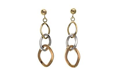 Three Colour Gold Drop Earrings 9ct Yellow White Rose Gold Hallmark Drops Dangly