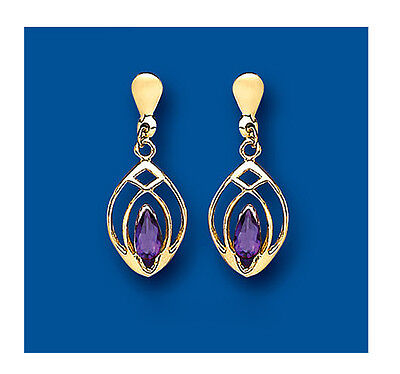Yellow Gold Amethyst Earrings Marquise Drops Drop Hallmarked Natural Stones