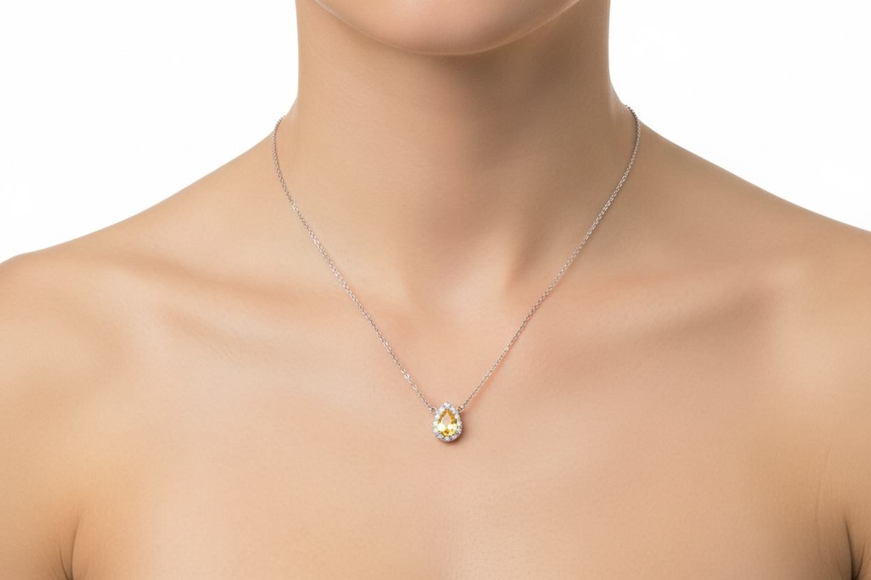 Yellow Sapphire Silver Necklace Sparkling Gemset Pendant 925 Hallmark