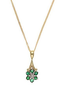 Emerald and Diamond Pendant 9ct Yellow Gold Cluster Necklace 16-18" Real Stone