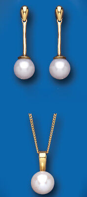 Pearl Set Yellow Gold Classic Pendant and Drop Earrings Hallmarked British Made