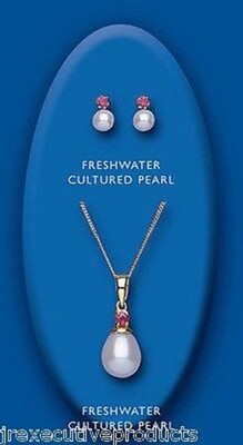 Ruby & Freshwater Pearl Pendant Necklace & Matching Stud Earrings Set Solid Gold