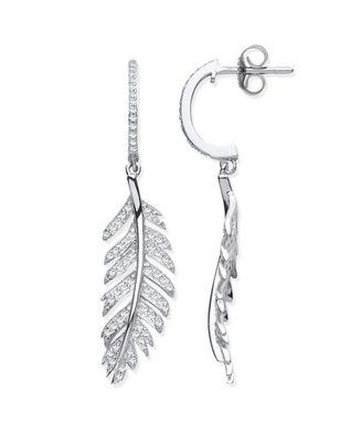 White Gold Natural Diamond Feather Drop Dangle Earrings Ladies Gift