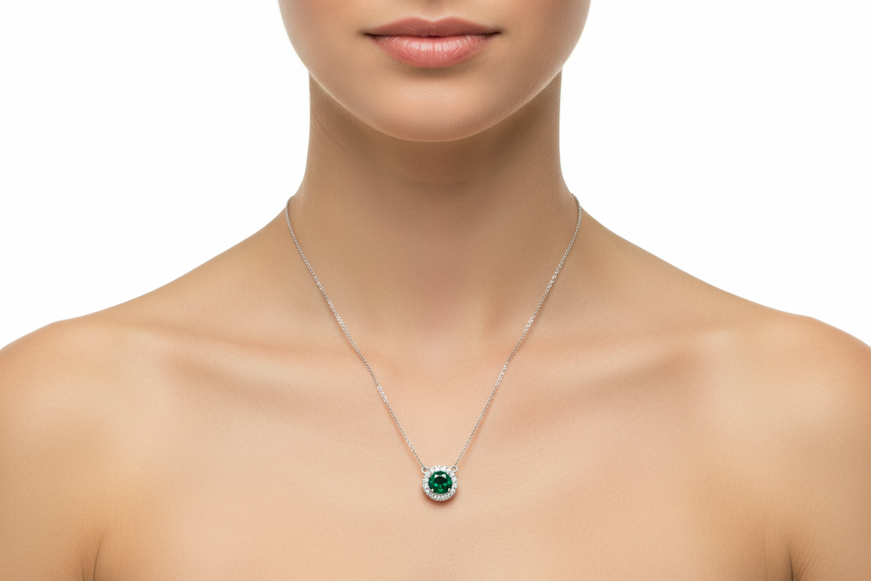 Sterling Silver Necklace With Sparkling Emerald Round With CZ Pendant & Chain