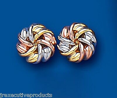 Three Colour Gold Knot Stud Earrings 10mm 9 Carat Yellow Rose White Gold Studs
