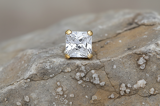 Men's Solitaire Earring Yellow Gold 1 Carat Gents Stud Square Princess Cut