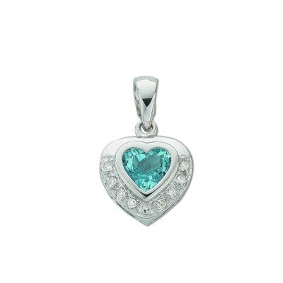 White Gold Heart Pendant With Natural Blue Topaz and Diamond 18" Chain