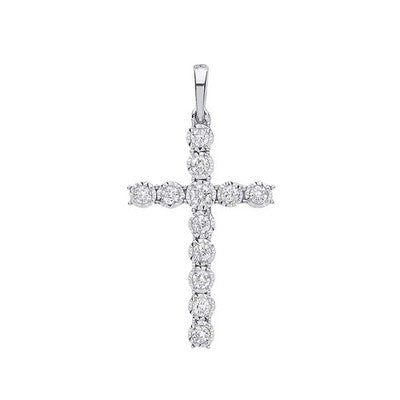 Real Diamond Cross Pendant Necklace 9ct White Gold 18" Chain 0.27ctw Diamonds