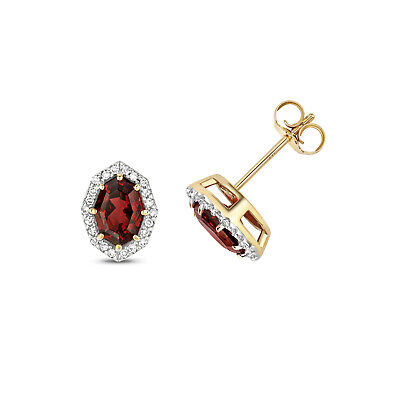 Garnet & Diamond Oval Stud Earrings 9ct Yellow Gold Studs