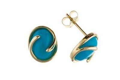 Yellow Gold Turquoise Oval Pendant Necklace with Matching Stud Earrings