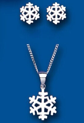 Sterling Silver Snowflake Pendant Necklace and Matching Stud Earrings Set 18"