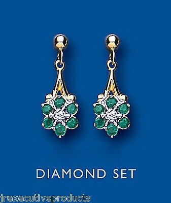 Emerald and Diamond Earrings Yellow Gold Drop Drops Hallmarked Natural Stones