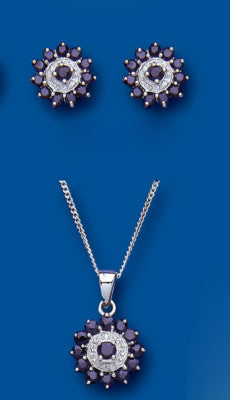 Real Sapphire and Diamond Matching Set Solid Sterling Silver Pendant & Earrings