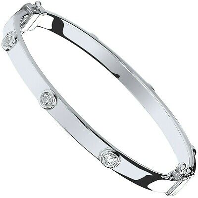 Solid Silver Baby Bangle Smooth Set Gemstones Little Girl Christening Hallmark