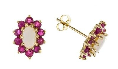 9ct Gold Ruby and Opal Stud Earrings Solid Yellow Gold Hallmarked Studs 