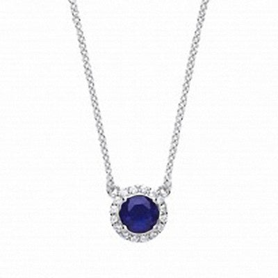 Sterling Silver Necklace With Sparkling Sapphire Round With CZ Pendant & Chain