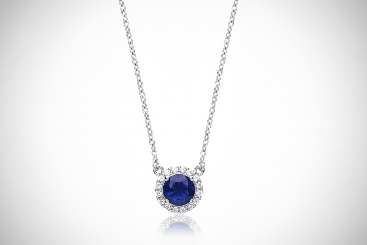 Sterling Silver Necklace With Sparkling Sapphire Round With CZ Pendant & Chain