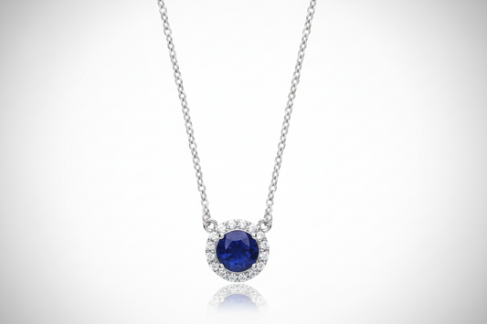 Sterling Silver Necklace With Sparkling Sapphire Round With CZ Pendant & Chain