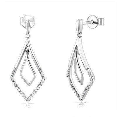 White Gold Natural Diamond Open Teardrop Dangle Drop Earrings 28mm Drop