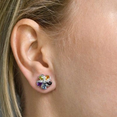 Multi Gemstone Flower Earrings Real Diamond 9ct White Gold Stud