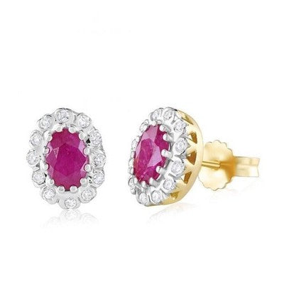 Ruby and Diamond Earrings 9ct Yellow Gold Oval Studs Real Mined Stones