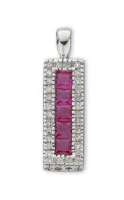 Ruby and Diamond Rectangular Pendant 9ct White Gold 18" Chain