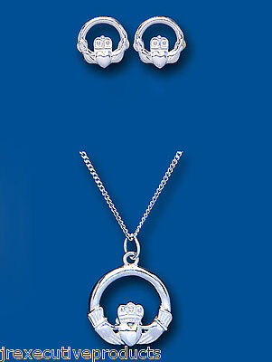 Solid Silver Claddagh Set Pendant and Stud Earrings 925 Hallmark