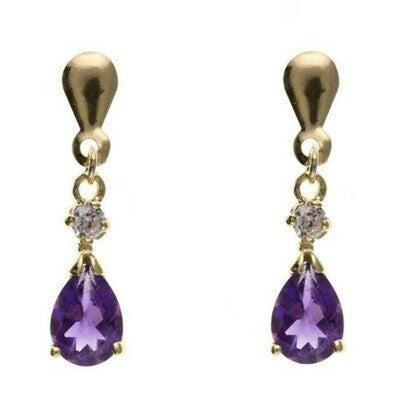 9ct Gold Drop Earrings with Amethyst and Diamond Accents, Pierced Design