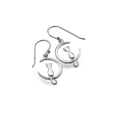 Cat on the Moon Earrings Sterling Silver 925 Hallmarked Drops