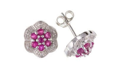 Ruby and Diamond Matching Set Solid Sterling Silver Pendant and Stud Earrings